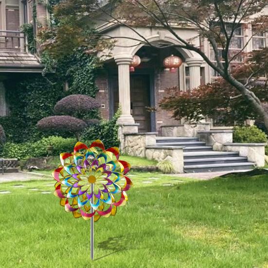 Colorful Flower Wind Spinner with Stake Weather-proof Outdoor Garden Yard Lawn Metal Rotary Windmill Ground Spike Decoration