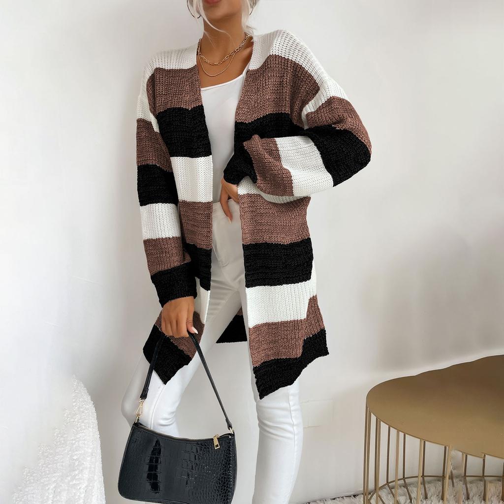 Women's Fashion Loose Early Autumn New Mid-length Knitted Cardigan Japanese Striped Color Matching Sweater Jacket