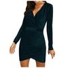 Women's Solid Color Long-sleeved Cross V-neck Sexy Bag Hip Slim Shiny Evening Dress Knee-length Dress