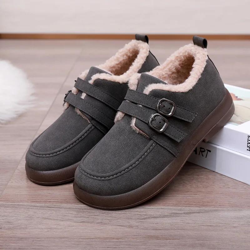 Fashion Woman Casual Cotton Boots Solid Color Comfortable Fur Loafers Women Winter Warm Footwear Female Double Buckle Plush Flat Shoes