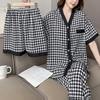 Sweet Pajamas Women Models of Short-Sleeved Trousers Three-Piece Cardigan Plaid Casual Loose Homewear Outside The Wear