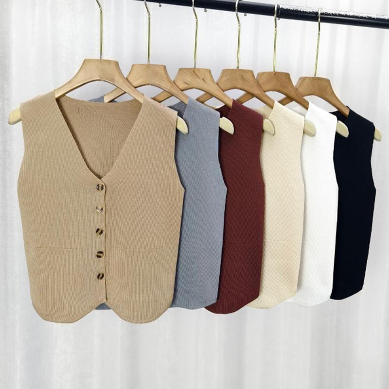 French Temperament V-Neck Single Breasted Sleeveless Casual Knitted Vest For Women