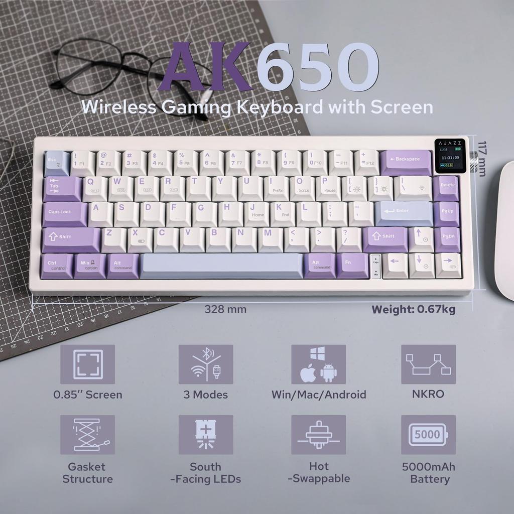 MechLands AJAZZ AK650 Gasket Mechanical Keyboard with TFT Screen and Wireless Gaming 5000mAh with Plate and and Certified by Technical Standards New!