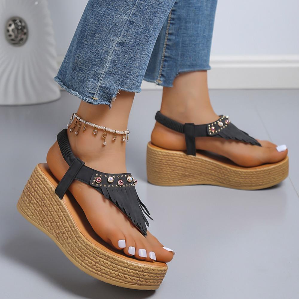Large Tassel Open Toe Women Sandals Platform Sandals  Sparkling Sleeves, Soft Sole Wedge Zapatos De Muje
