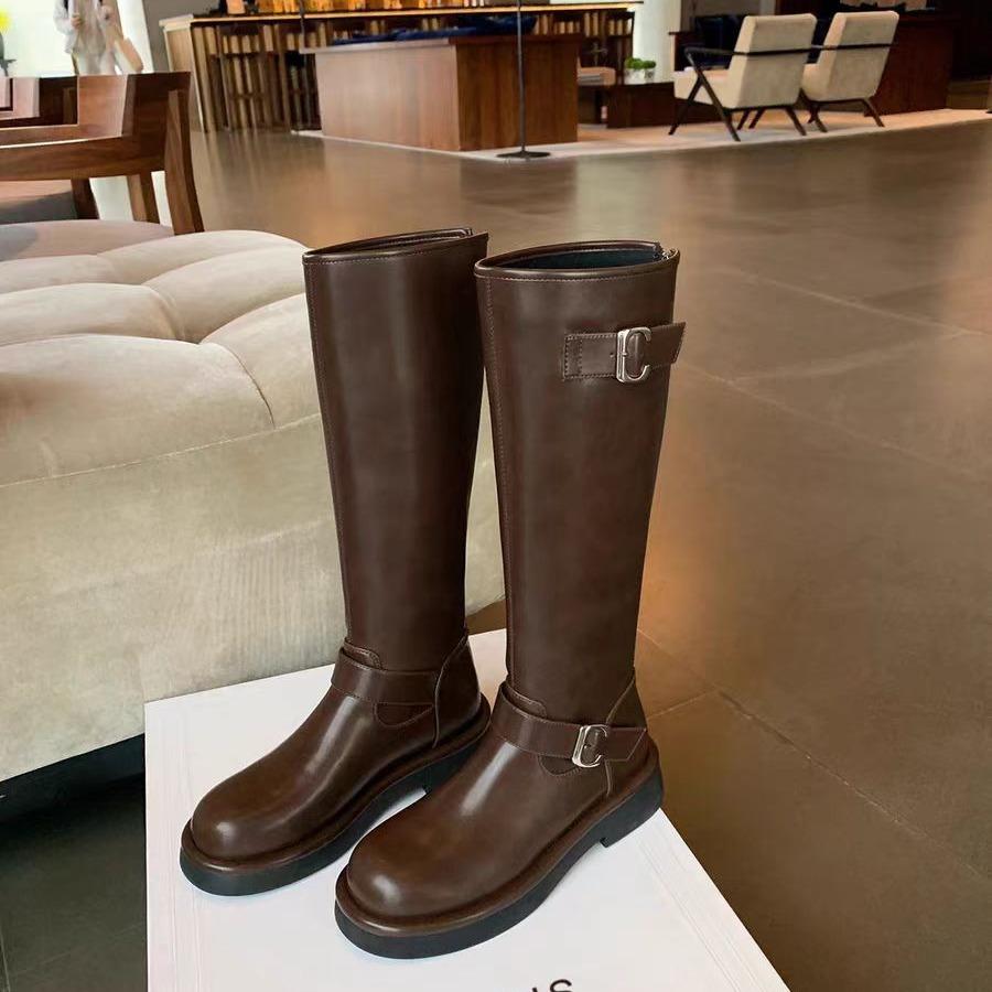 Grape Mother Autumn and Winter New Polish Pictorial~ Fashion Round Head Buckle with Thick Heel But Knee High Boots Knight Boots Women