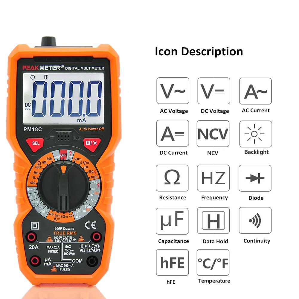 PEAKMETER PM18C True RMS Multifunctional Digital Multimeter Measuring AC DC Voltage Current Resistance Capacitance