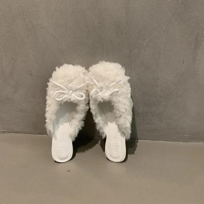 Fashion Women Fashion Elegant Round Toe Lamb Hair Slippers Winter Outdoor High Heel Banquet Plush Shoes Female Zapatillas Mujer