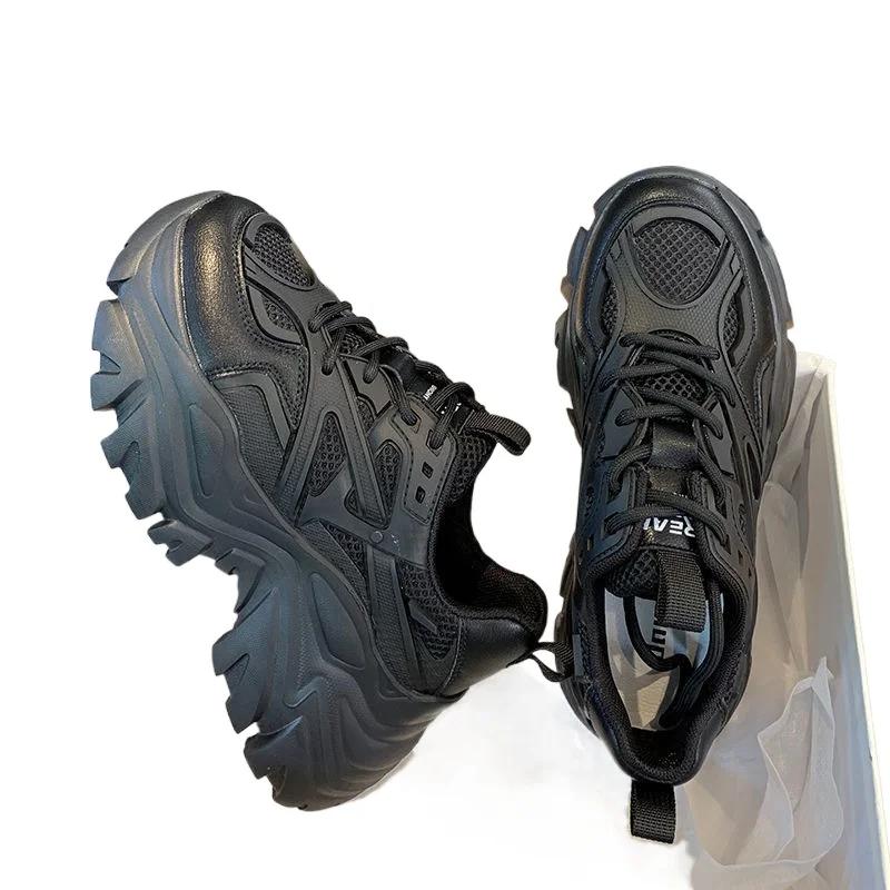 Fashion Women New Fashion Platform Sport Shoes Women 2024 New Summer Black Casual Chunky Sneakers Women Mesh Leather Platform Shoes