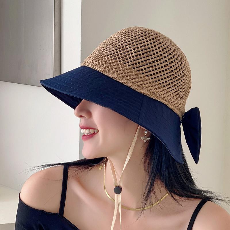 1 Piece Bow Hollow Stitching Panama Hats Fisherman Uv Protection Sun Hat Summer Women'S Bucket Foldable Basin Sunscreen Cap