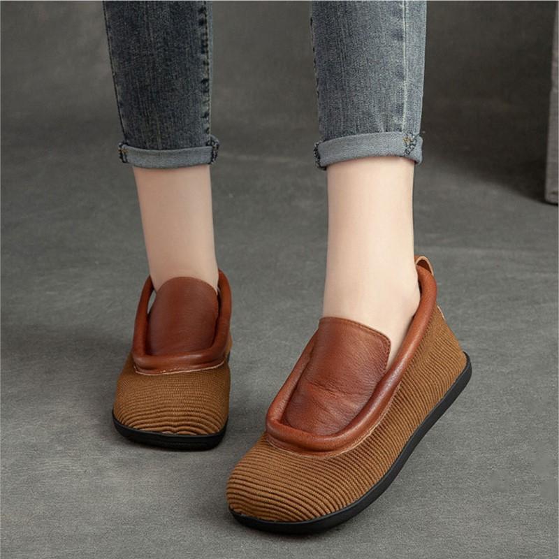 Johnature Retro Round Toe Flats Lightweight And Versatile Genuine Leather Splicing Women's Slip-on Shoes