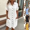 Women's Summer Midi Dress POLO-Neck Short Sleeve Button Knee-Length Dress Loose Shirt Dress