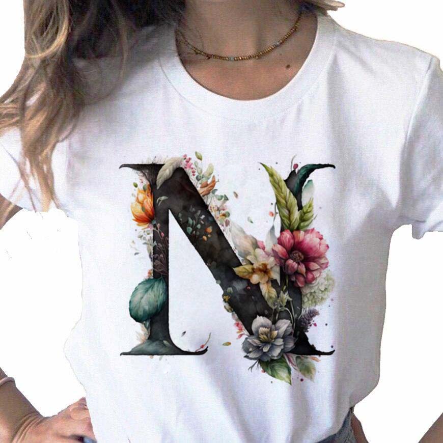 New Women T Shirt Custom Name Letter Combination Print Tshirt Flower Letter Font A B C D E F G Short Sleeve Female Tees Tops