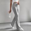 Womens Bell Bottom Pants Casual Elastic Waist Trousers Solid Color Ribbed Knit Flare Pants