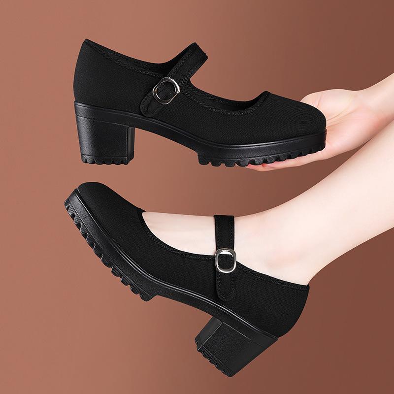 High Heels Thick Soled Women's Cloth Shoes Women Black Platform Pumps Anti Slip Dance Work Shoes Breathable Comfort Mother Shoes