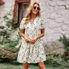 Floral Dress Women Spring Autumn V Neck Short Sleeve Loose Chic Printed S-XL