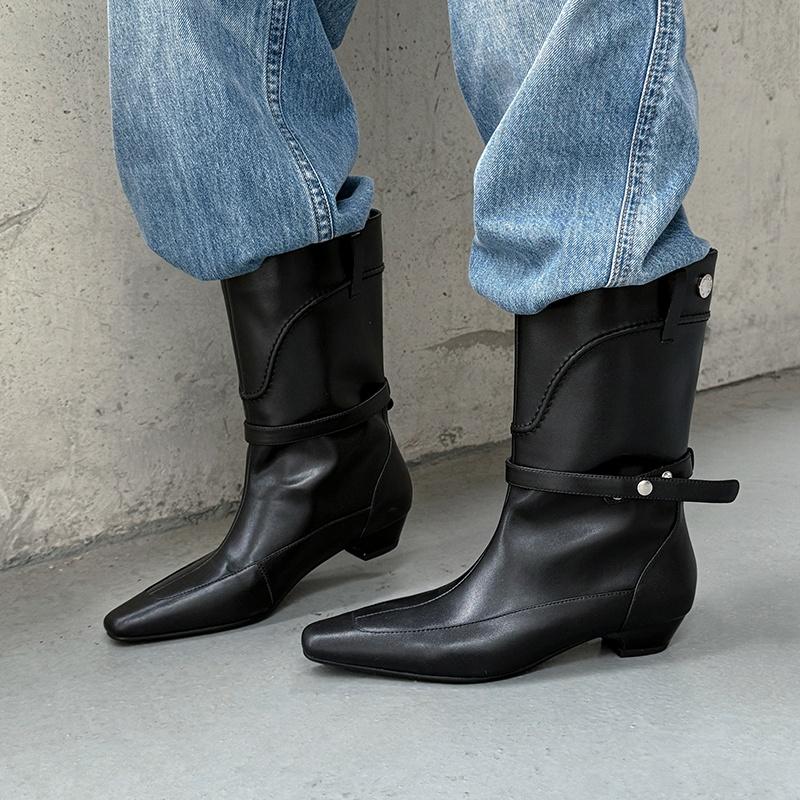 Fashion 2025 Ins New Sheepskin Boots Handmade Square Toe Chunky Mid Heel Autumn Winter Ankle Boots Fashion Office Dress Women's Shoes