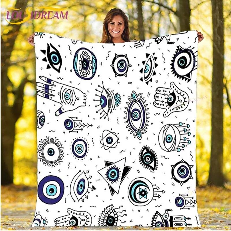 Evil Eye Blanket Turkish Nazar Spiritual Art Blanket Vintage Mid Century Flannel Blanket Sofa Chair Throw Blanket Travel Blanket