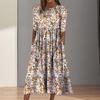 Women Summer Dress Round Neck Retro Floral Printing Mid Sleeves A-line Pleated Side Pockets High Waist Big Hem Vacation Midi Dress