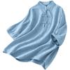 Vintage Literature and Art Plate Button Stand Collar Cotton Linen Jacquard Shirt Women's Summer Wear Versatile Pullover Linen Five Sleeve T-shirt Top