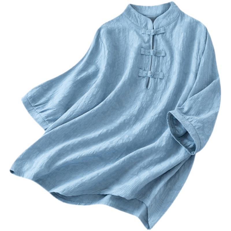 Vintage Literature and Art Plate Button Stand Collar Cotton Linen Jacquard Shirt Women's Summer Wear Versatile Pullover Linen Five Sleeve T-shirt Top