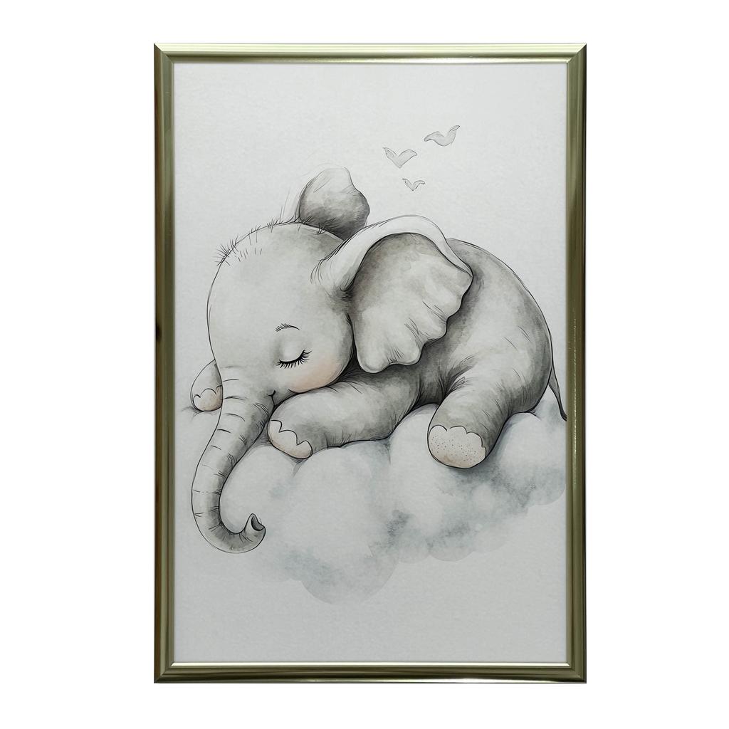 Plakat Senny Słonik Na Chmurze Plakat Senny Słonik Na Chmurze, 30X40 Cm, Rama Drewniana Jasny Dąb, Papier Matowy 230 Gsm