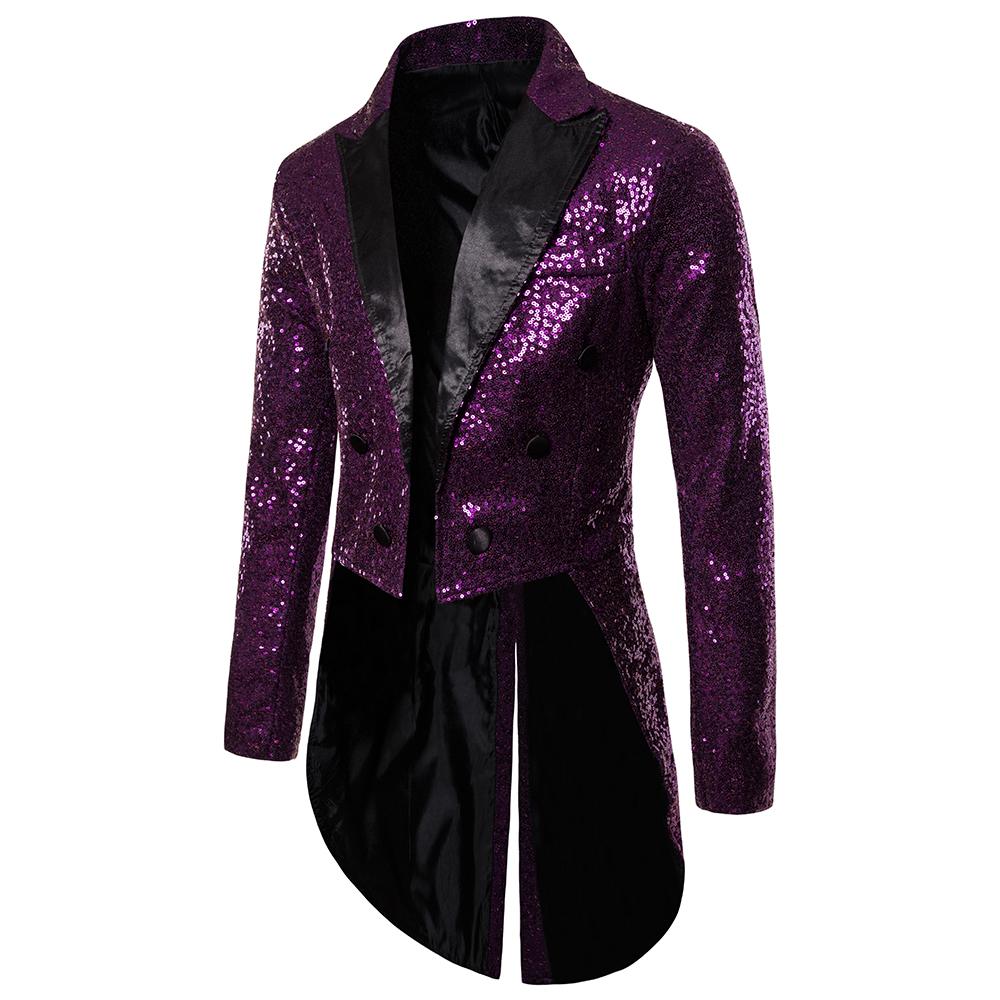 Men's British Style Men Court Tuxedo Suit Coats Fashion Sequin Decoration Blazers Gentleman Wedding Party Long Jacket Singers Stage