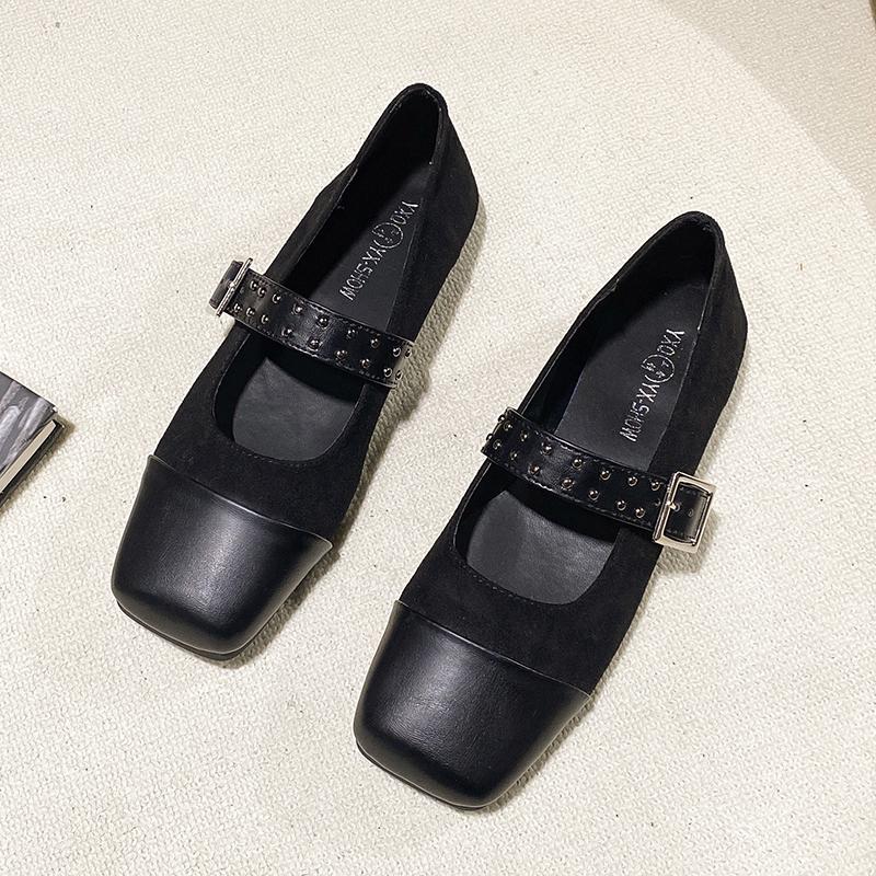 Spring New Flat Shoes Women's Square Head Splicing Suede Shallow Mouth Rivets with Soft Sole Non-slip Single Shoes