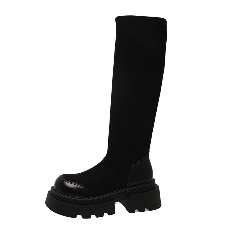 2025 Skinny Thick Heel Retro Elastic Skinny Boots Women's Autumn Thick-soled Medium Heel Martin Boots British Style Tall Socks Boots