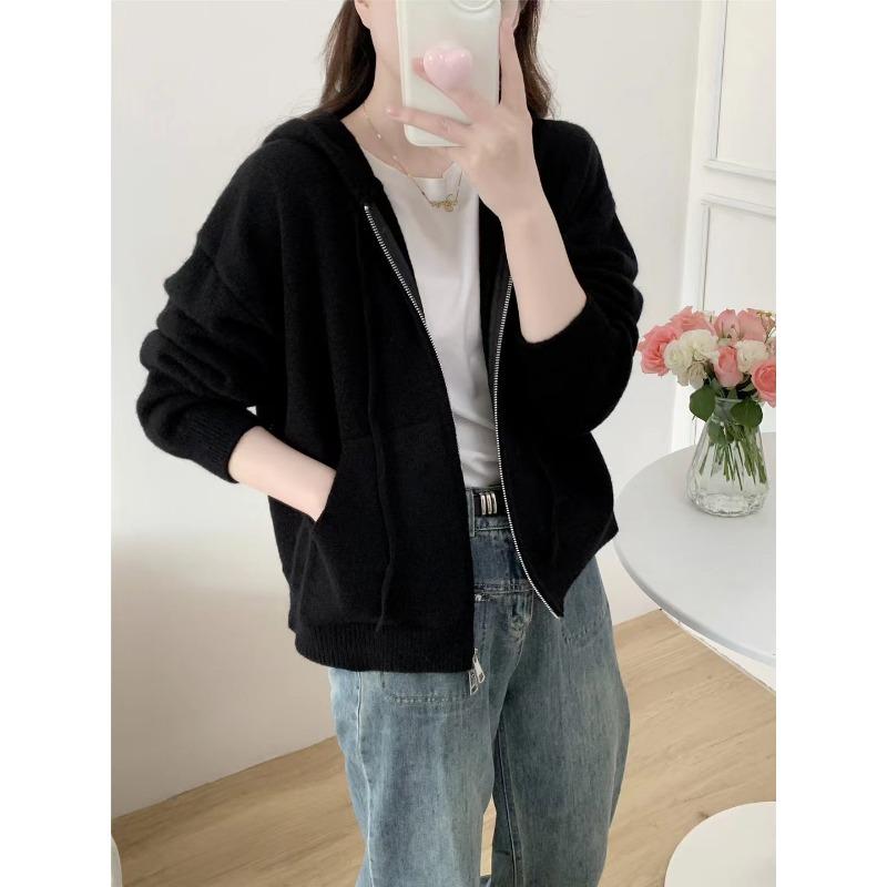 Autumn and Winter New Fashion Simple Double Zipper Hooded Knitted Cardigan Women's Solid Color Casual Loose Sweater Jacket