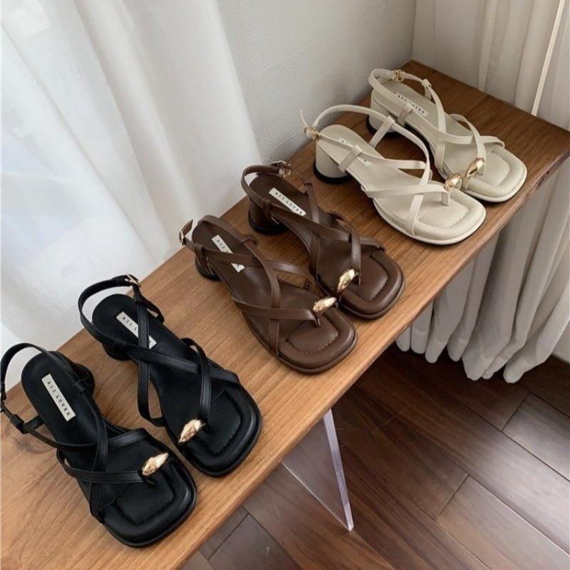 Fashion Sandals Designer New 2025 Dress Women Metal Decoration Ladies Narrow Band Buckle Thick Heels Female Shoes Outside Party Clip Toe
