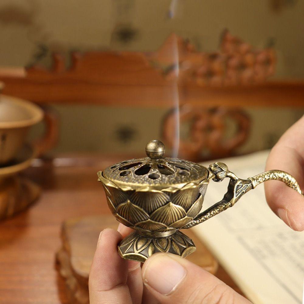 Retro Copper Lotus Hand Stove Zinc Zinc Alloy Brass Incense Holder Metal Censer  Indoor CDN