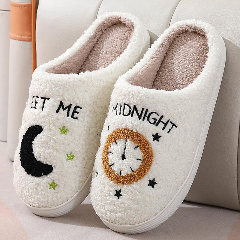 Winter Cotton Slippers for Men and Women Couples Home Moon Clock Warm Indoor Cotton Slippers