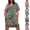Women's Summer Plus Size V Neck Short Sleeve Knee Pocket Retro Flower Print Casual Dress