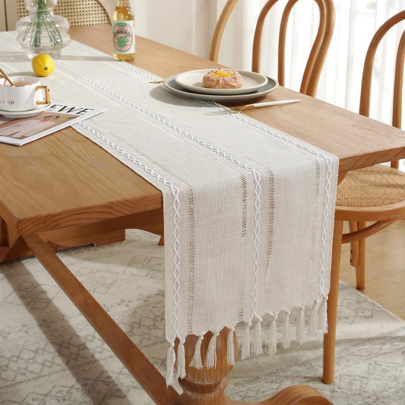 Hand Woven Solid Color Lace Table Runner with Fringe for Farmhouse Christmas Dining Table Decor