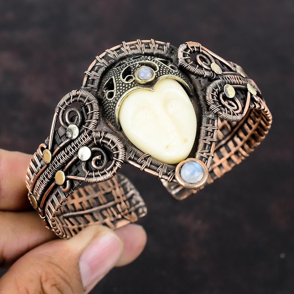 White Carved Bone Face Cuff Bracelet Copper Wire Wrapped Gemstone Bangle Adjustable Cuff Bracelet Moonstone Bangle Handmade Copper Jewelry