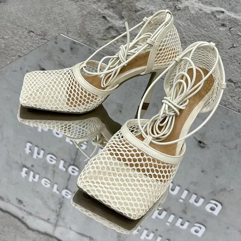 Fashion Sexy Mesh Pumps Sandals Female Square Toe High Heel Lace Up Cross-Tied Stiletto Hollow Dress Shoes
