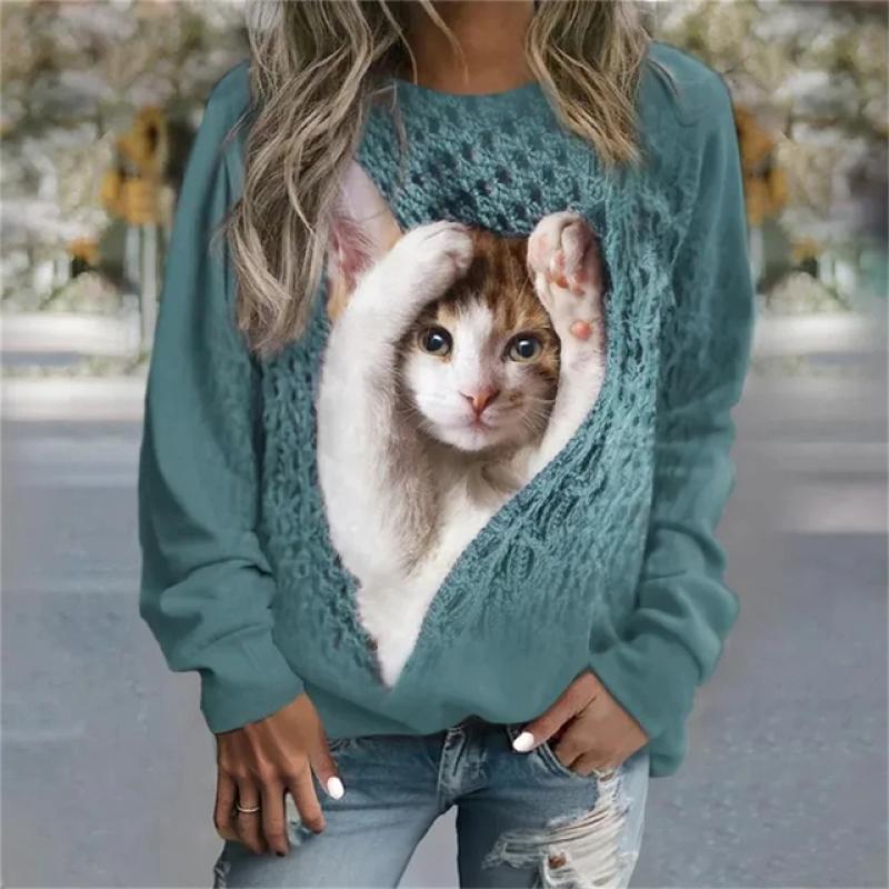 2023 Autumn New Women Round Neck Long Sleeve Fashion Casual Home High Quality Fabric Cute Cat Print Long Sleeve