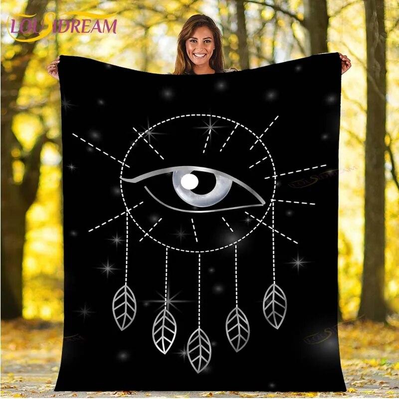Evil Eye Blanket Turkish Nazar Spiritual Art Blanket Vintage Mid Century Flannel Blanket Sofa Chair Throw Blanket Travel Blanket
