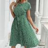 Women Spring Summer Short Sleeve Flower Print Lace Up Pleated Midi Dress Green Blue