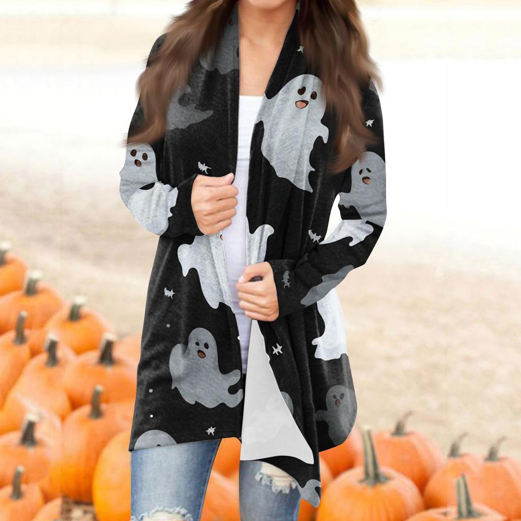 Women's Fashion Casual Halloween Printed Mid-Length Irregular Hem Cardigan Jacket