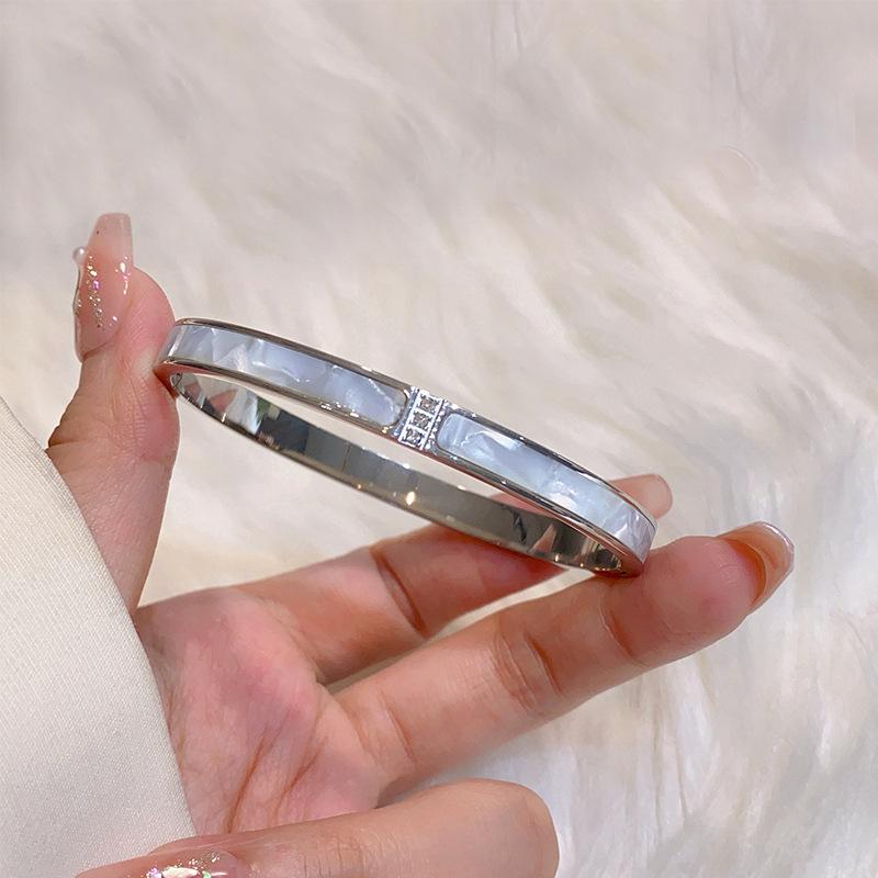 High-End Women's Silver Titanium Steel Zircon Bangle Bracelet