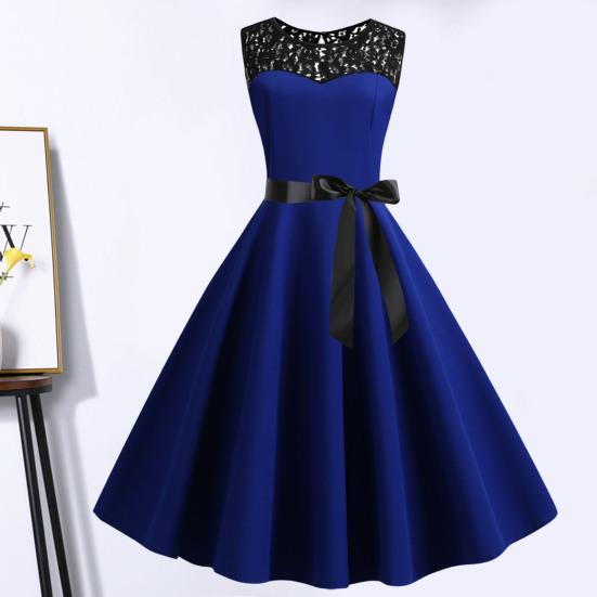 Lady Petticoats Plus Size O-Neck Sleeveless See-through Lace Stitching Ribbon Bowknot Gown Dress A-Line Skater Large Hem Midi Princess Dress