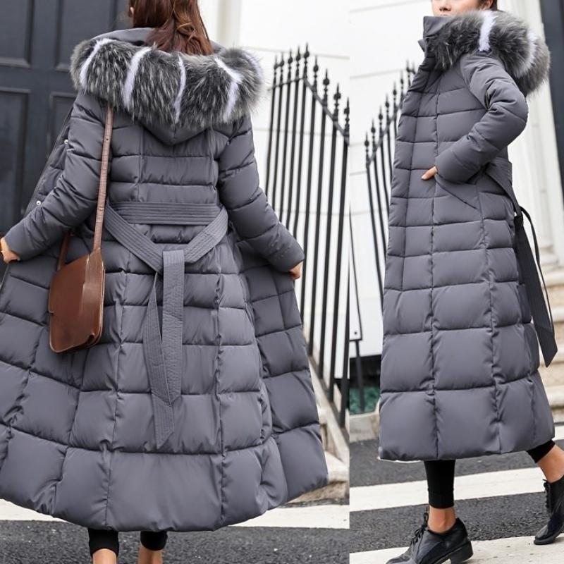 New Winter Jacket Ladies Warm Fashion Bow Belt Collar Long Dress Ladies Thick Coat