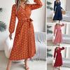 Women's Long Sleeve Dress V-Neck Polka Dot Dress with Tie Waist Long Pleated