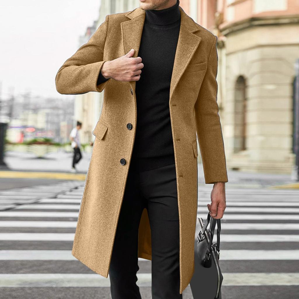 Mens Single Breasted Trench Coat Winter Wool Blend Oversized Warm Lapel Work Business Jacket Outerwear