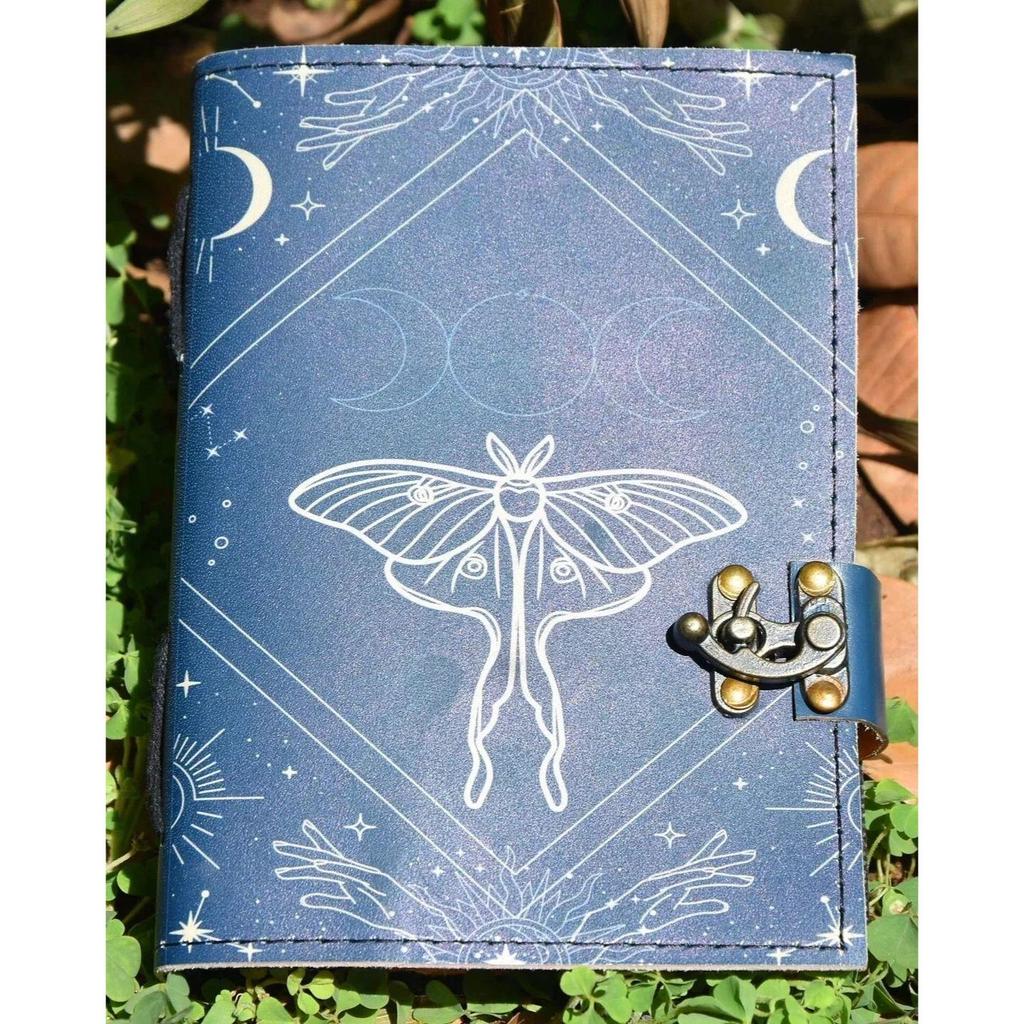 Blank Spell Book of Shadows Vintage Handmade Leather Journal Luna Moth Print 7X5