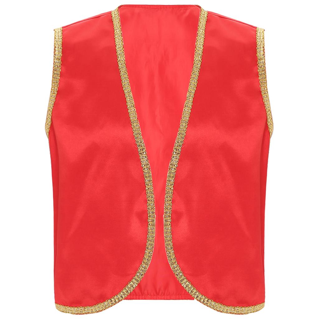 Mens Arabian Prince Costume Stain Vest Shiny Gold Trim Open Front Curved Waistcoat
