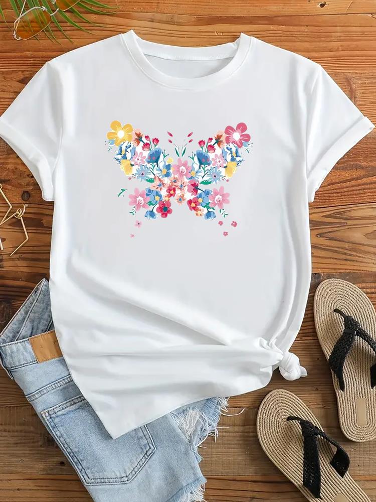 (Asian Size) Clothing Casual Tshirt Women Flower Trend 90s Sweet Cute Short Sleeve Fashion Print Lady Tee Top Female Graphic T-shirts