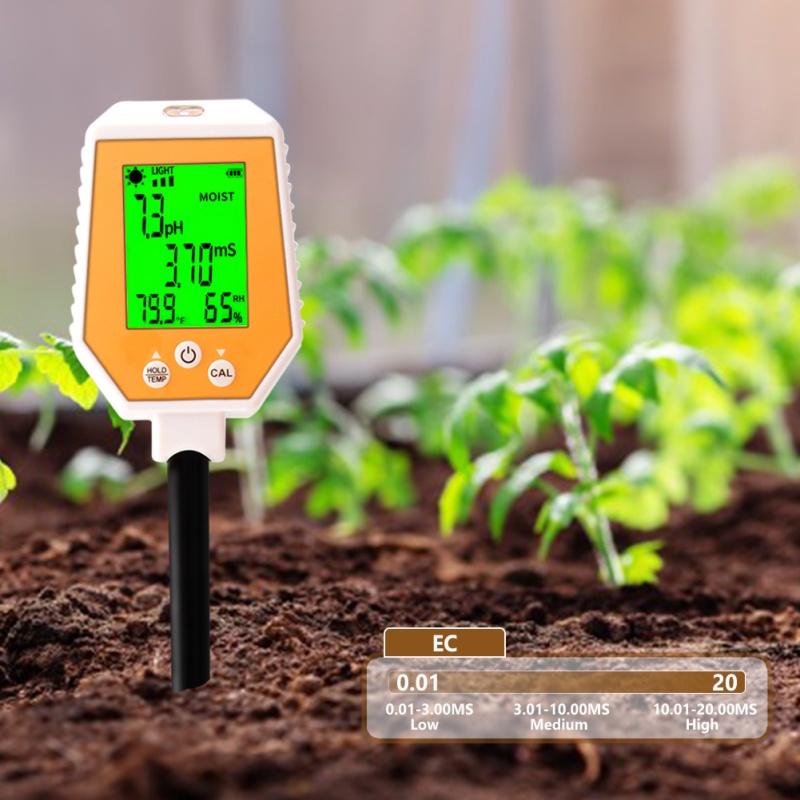 Yieryi 6-in-1 Soil Tester PH EC Moisture Sunlight Air Humidity Temp High Accuracy Conductivity PH Meter for Gardening Farming