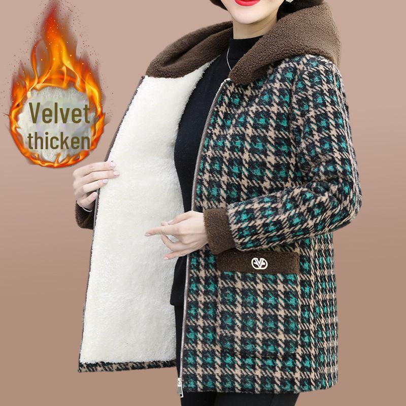 Women's Plush Hooded Lamb Fleece Jacket - Winter Thickened Plaid Short Coat Trendy Casual Top